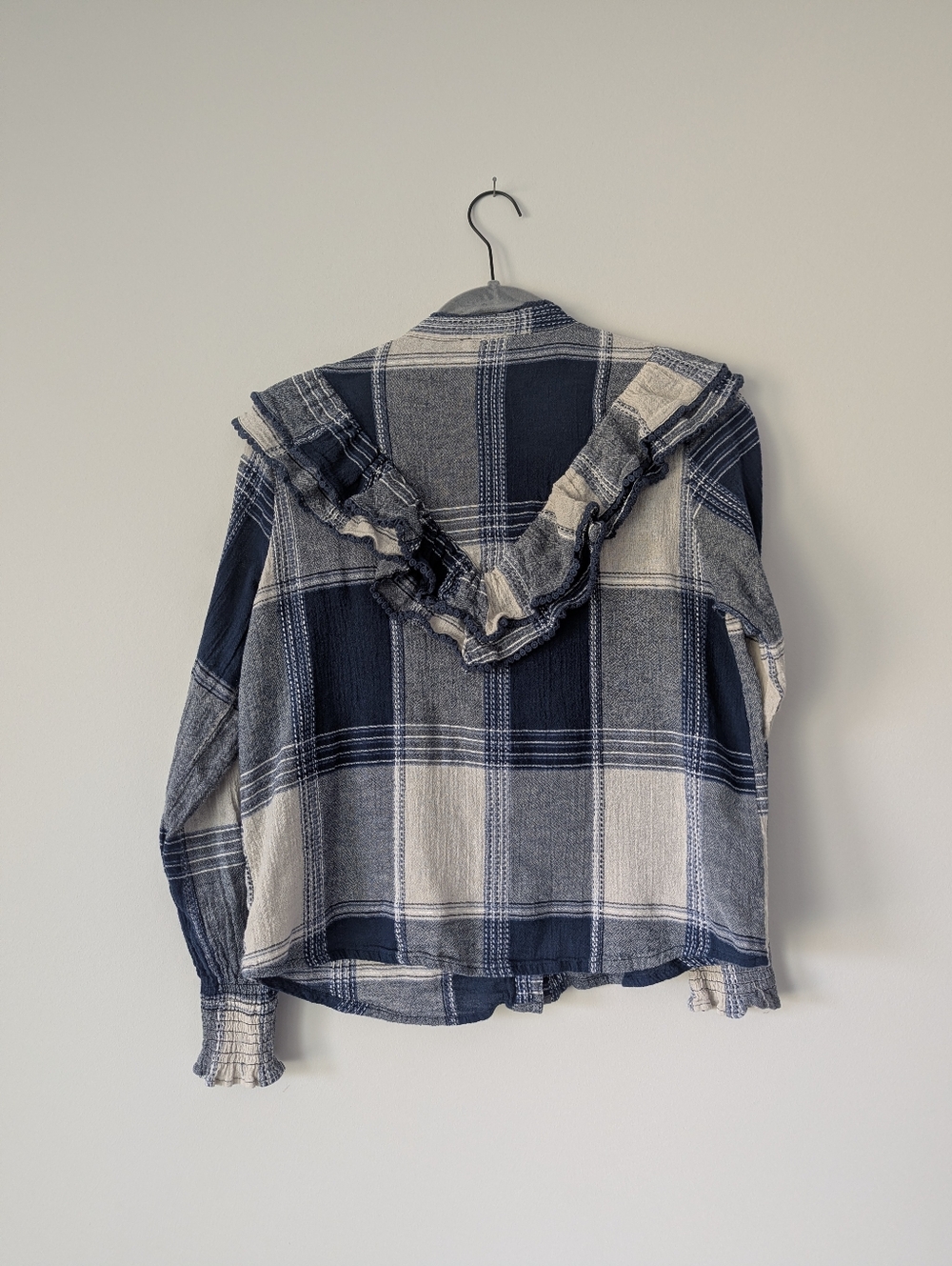 FRNCH Paris Camassia Plaid Woven Ruffle Button Up Shirt Blue Pearl - Picture 5 of 11